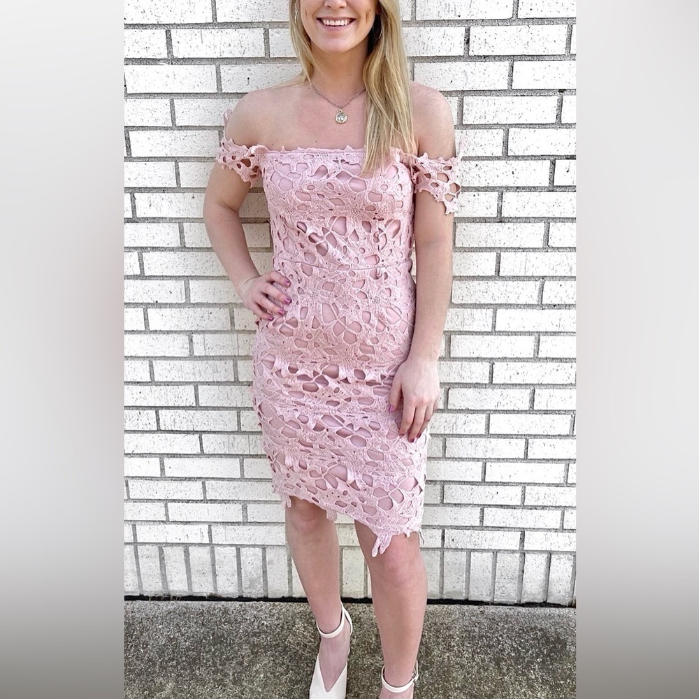 Blush lace off the shoulder midi boho dress w shabby chic vibe
